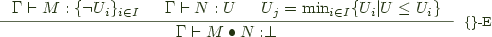  \inference{\Gamma \vdash M : \lbrace \neg U_i \rbrace_{i \in I} & \Gamma \vdash N : U & U_j = \min_{i \in I} \lbrace U_i \vert U \leq U_i \rbrace } {\Gamma \vdash M \bullet N : \perp }[$\lbrace\rbrace$-E]