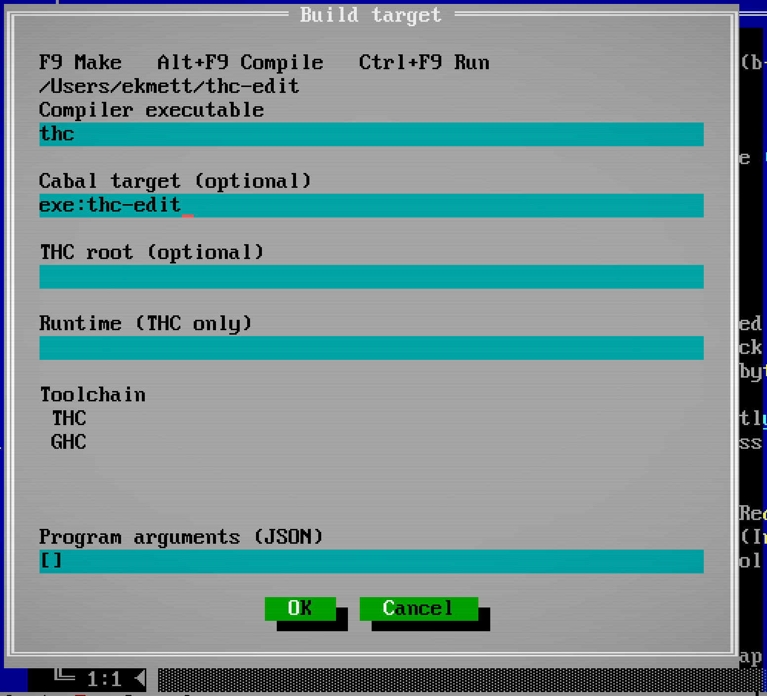 Build target dialog for the hide project, with compiler, Cabal target, toolchain and arguments.