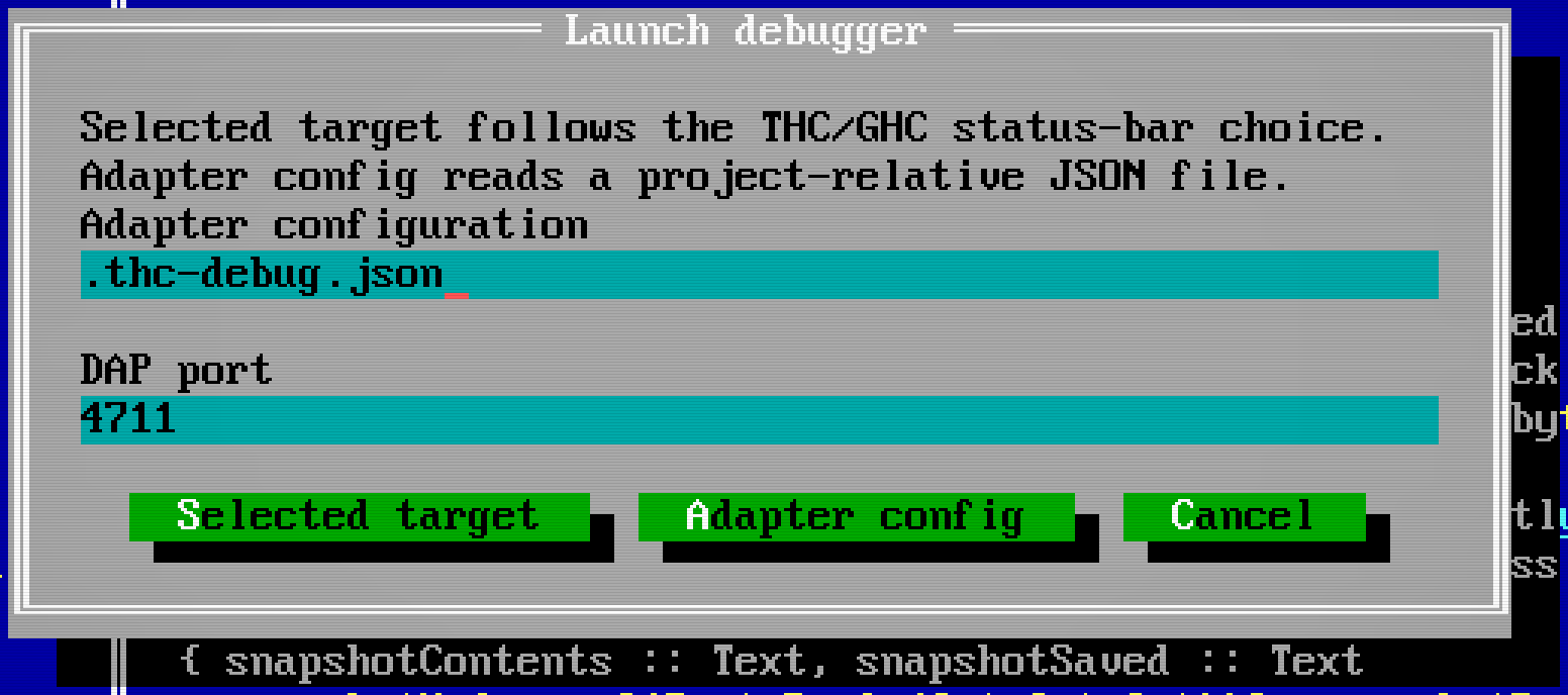 Launch debugger dialog offering Selected target and Adapter config.