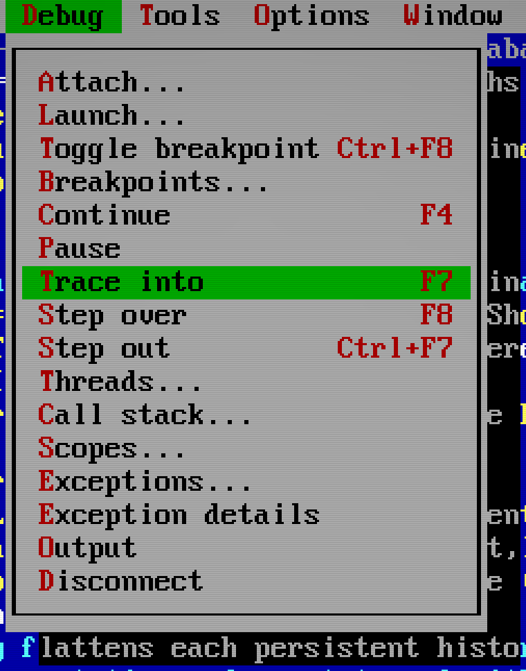 Debug popup menu with Trace into selected and stepping shortcuts alongside it.