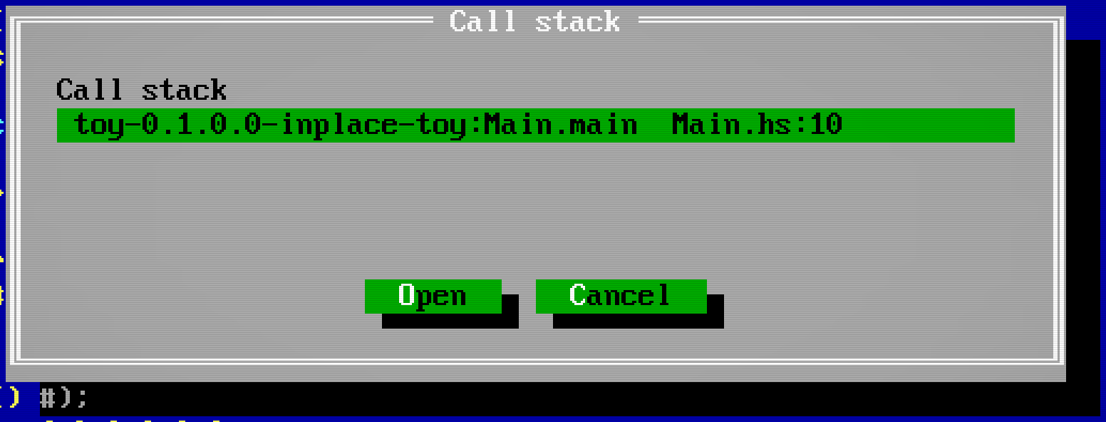 Call stack from the stopped THC program, with a selected frame and Open action.