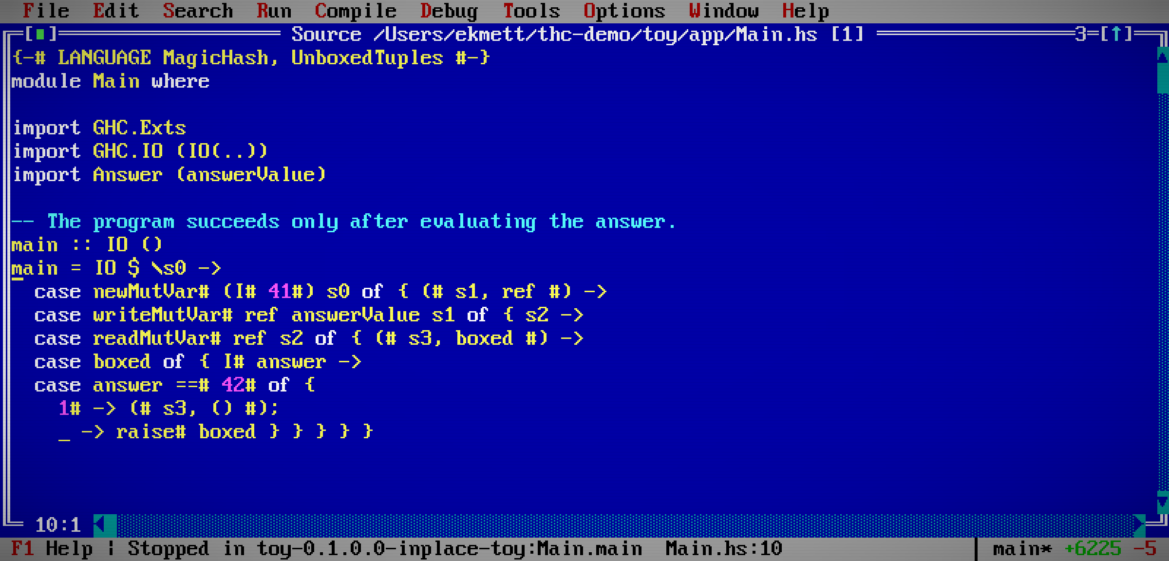 THC stopped in Main.main after Trace into, with the source caret and stopped-frame status.