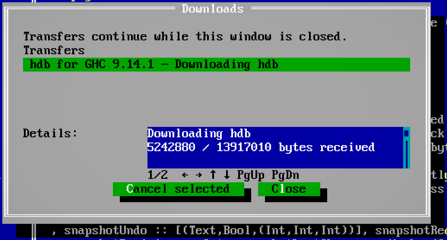 Downloads progress with received bytes and Cancel selected.