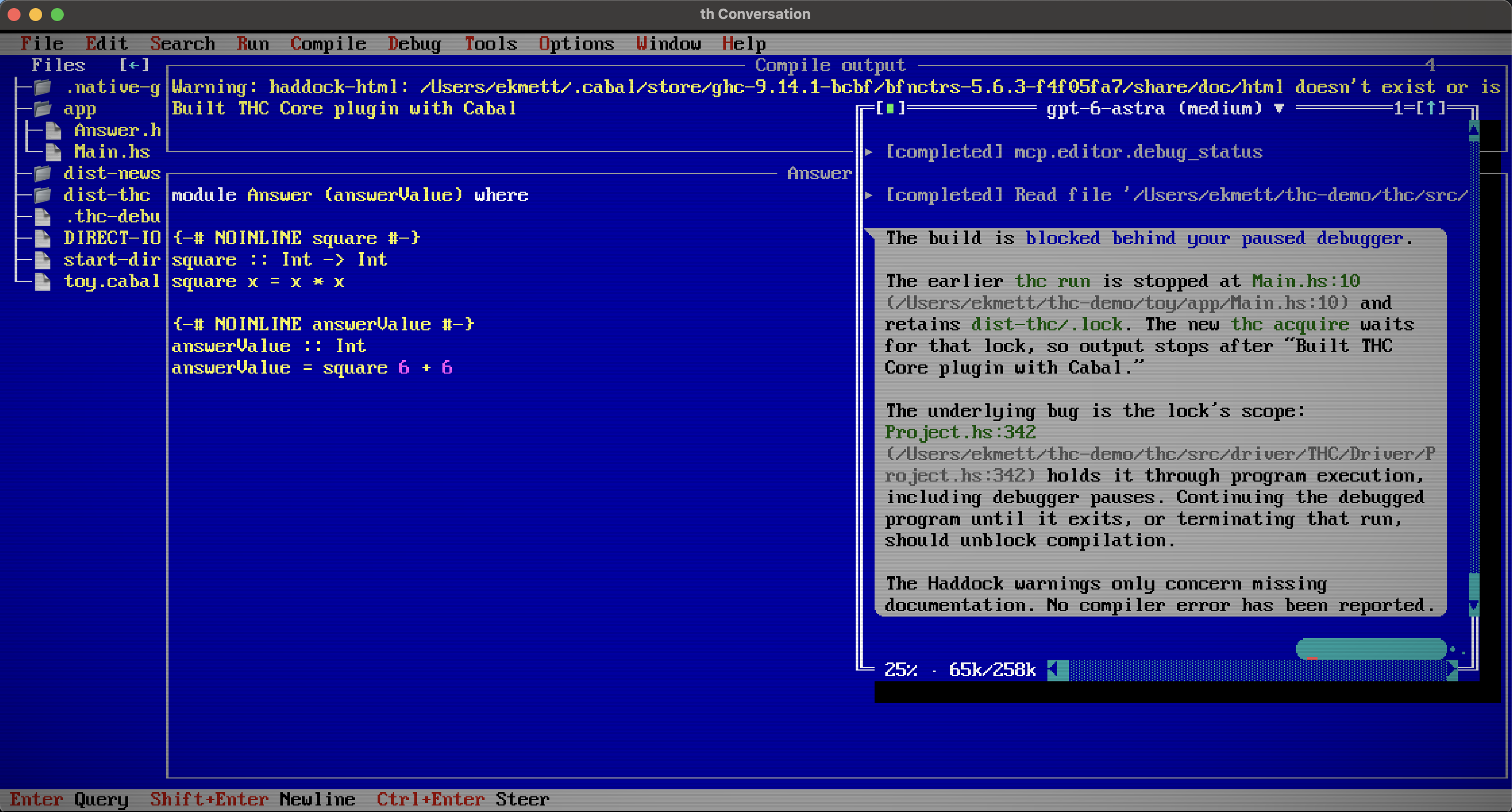 Source editing, compiler output and an agent conversation sharing the Turbo Haskell desktop.