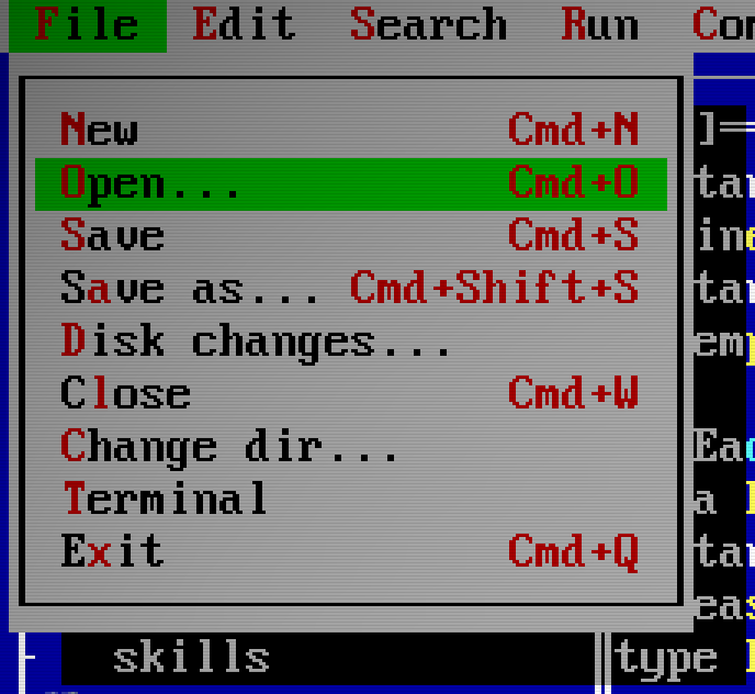 File popup menu with Open selected in green and native Mac shortcuts.