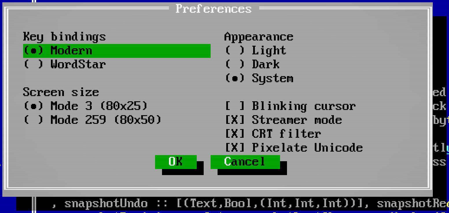 Preferences dialog showing key bindings, screen mode, appearance, CRT filter and Pixelate Unicode.