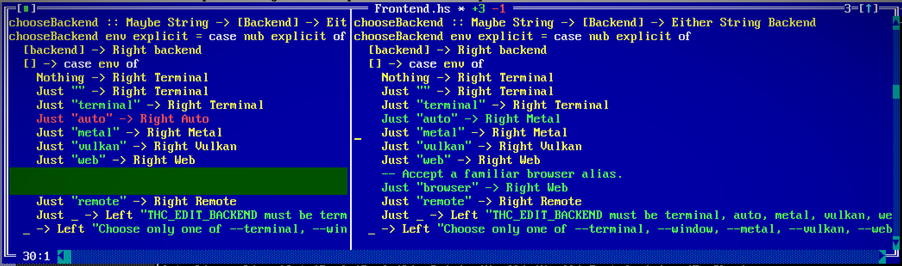 Unsaved changes to Frontend.hs aligned side by side with a draggable divider.