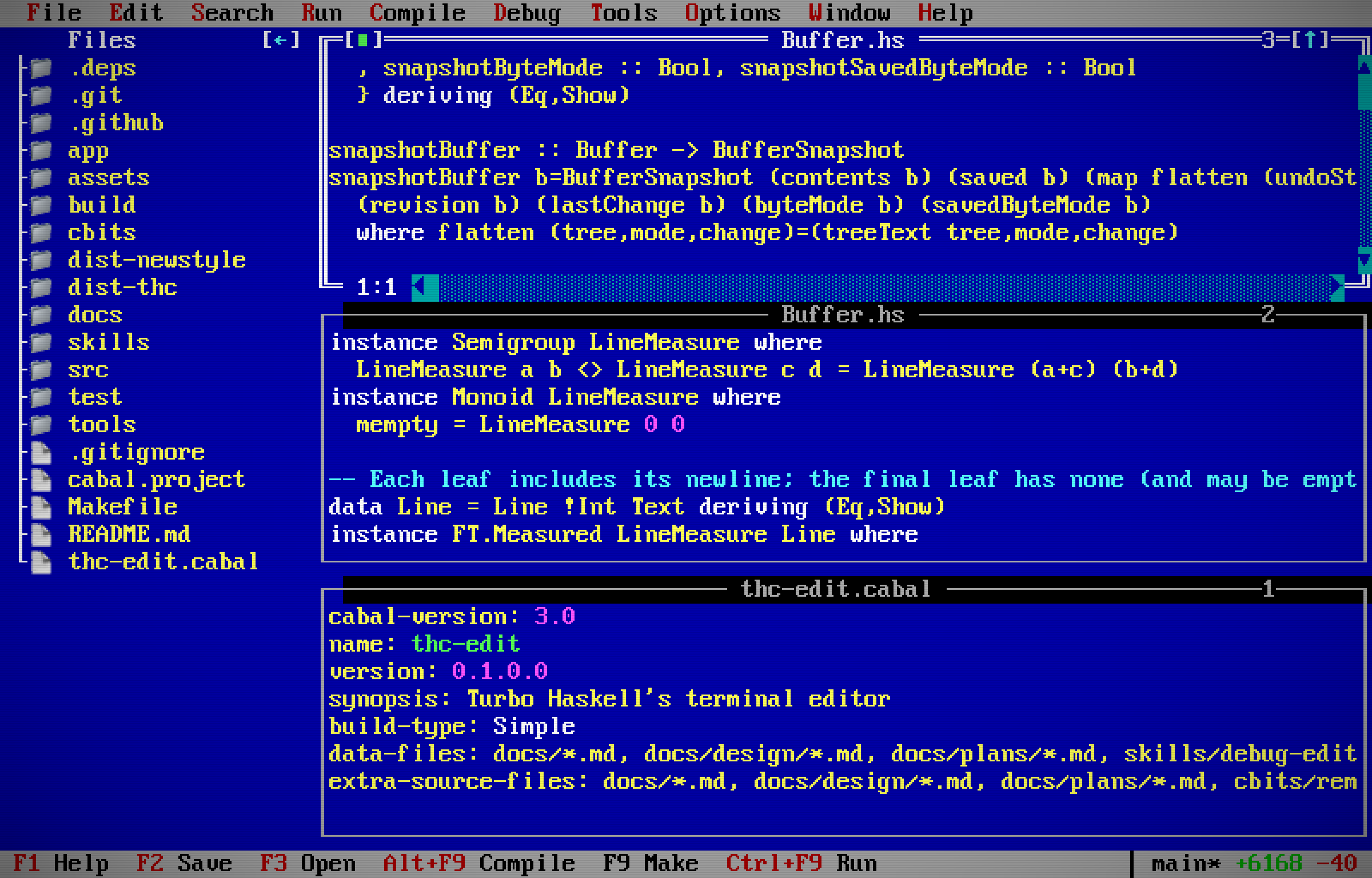 Two views of Buffer.hs, split horizontally with independent scroll positions.