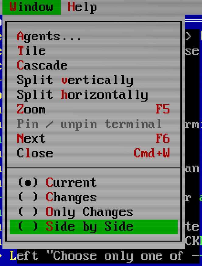 Window menu with per-window view choices and a separate default radio control.