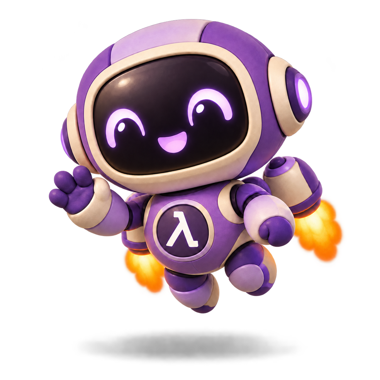 A cheerful purple robot waving toward the text, with a lambda badge, hovering on little rocket boosters above a soft shadow.