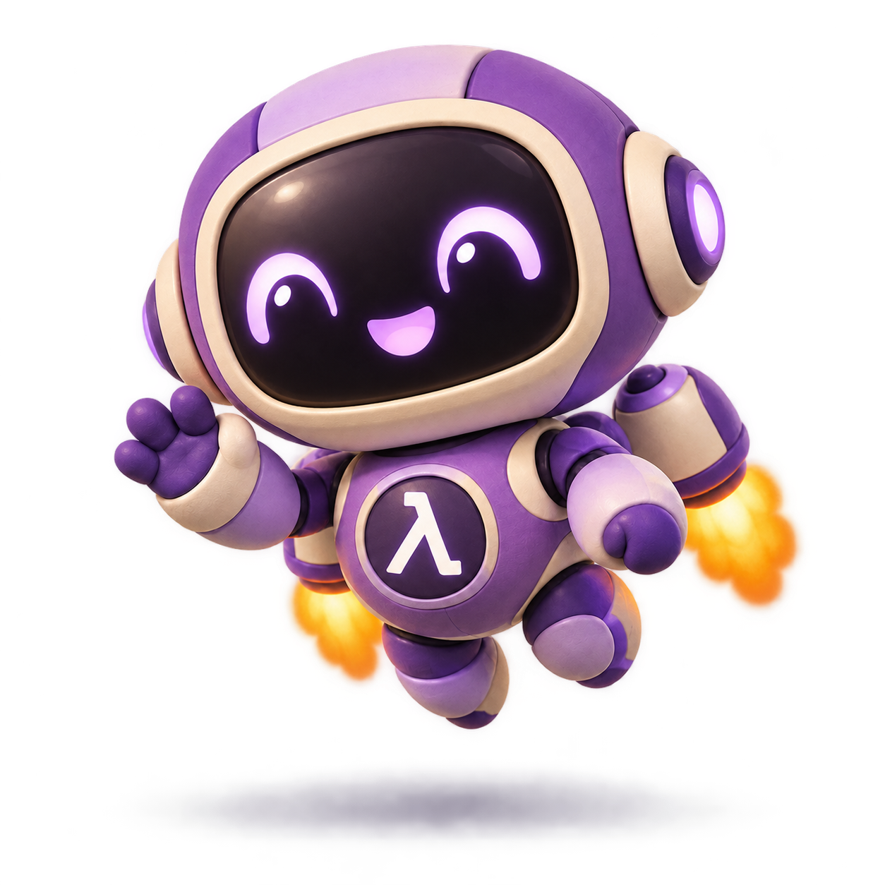 A cheerful purple robot waving toward the text, with a lambda badge, hovering on little rocket boosters above a soft shadow.